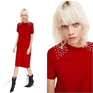 Zara Red with Faux Pearls Midi Sheath Short Sleeve Dress size Small